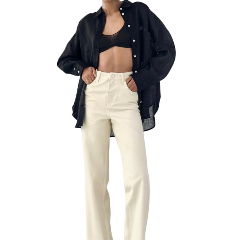 Zara High Rise Full Length Jeans Beige 12